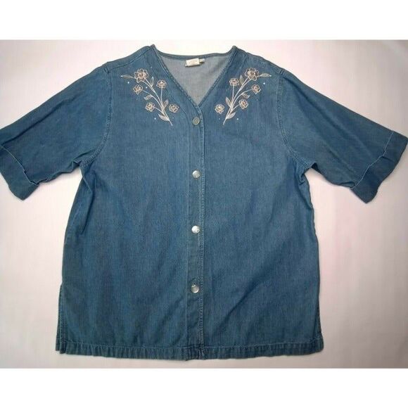 Jaclyn Smith Womens Plus Sz X Denim 3/4 Sleeve Embroidered And Studded Top - Picture 1 of 8
